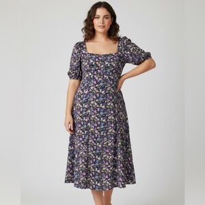 Floral Puff Sleeve A-Line Midi Dress